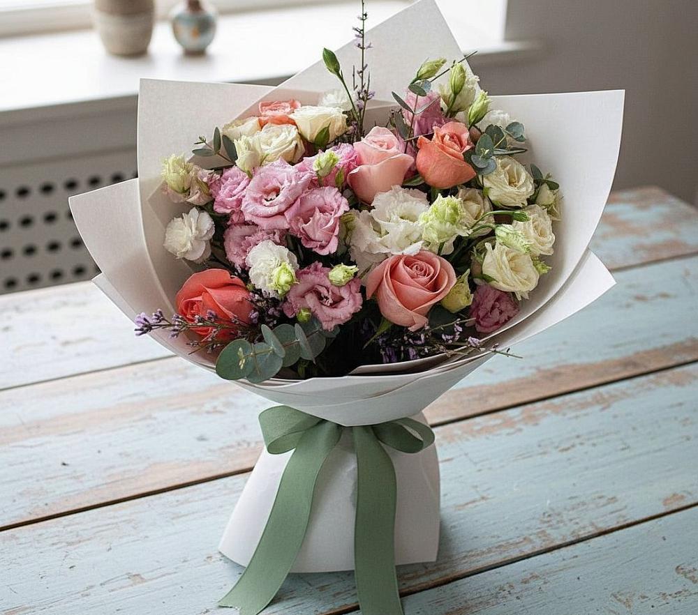 Букет цветов из: Розы, Лизиантусы и Гвоздики в Винсадах