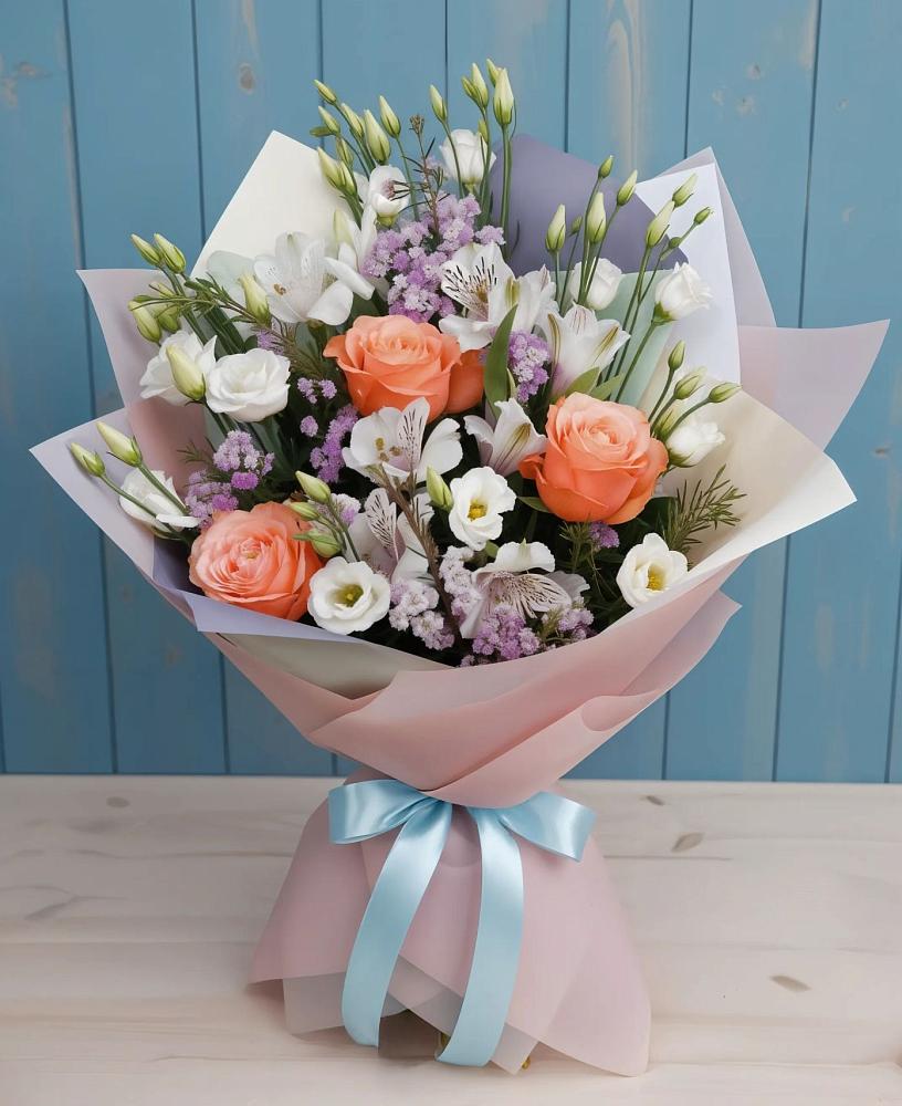 Букет цветов из: Лизиантусы, Розы, Альстромерии и Гипсофила в Винсадах