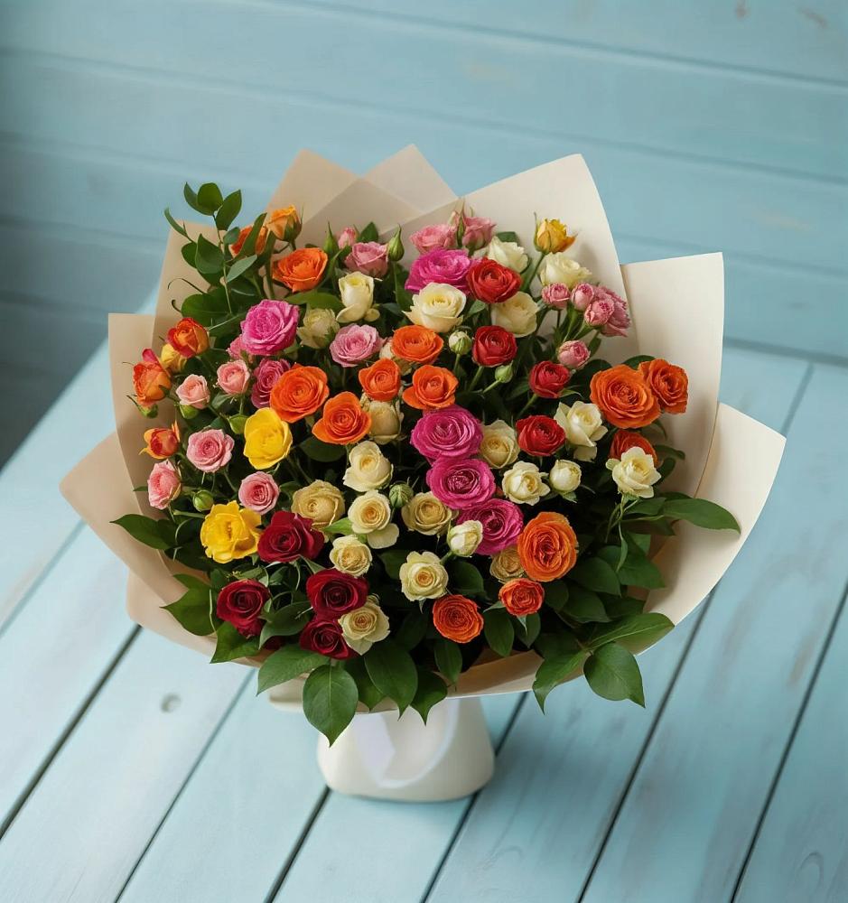 Букет Микс из разноцветных кустовых роз в Винсадах