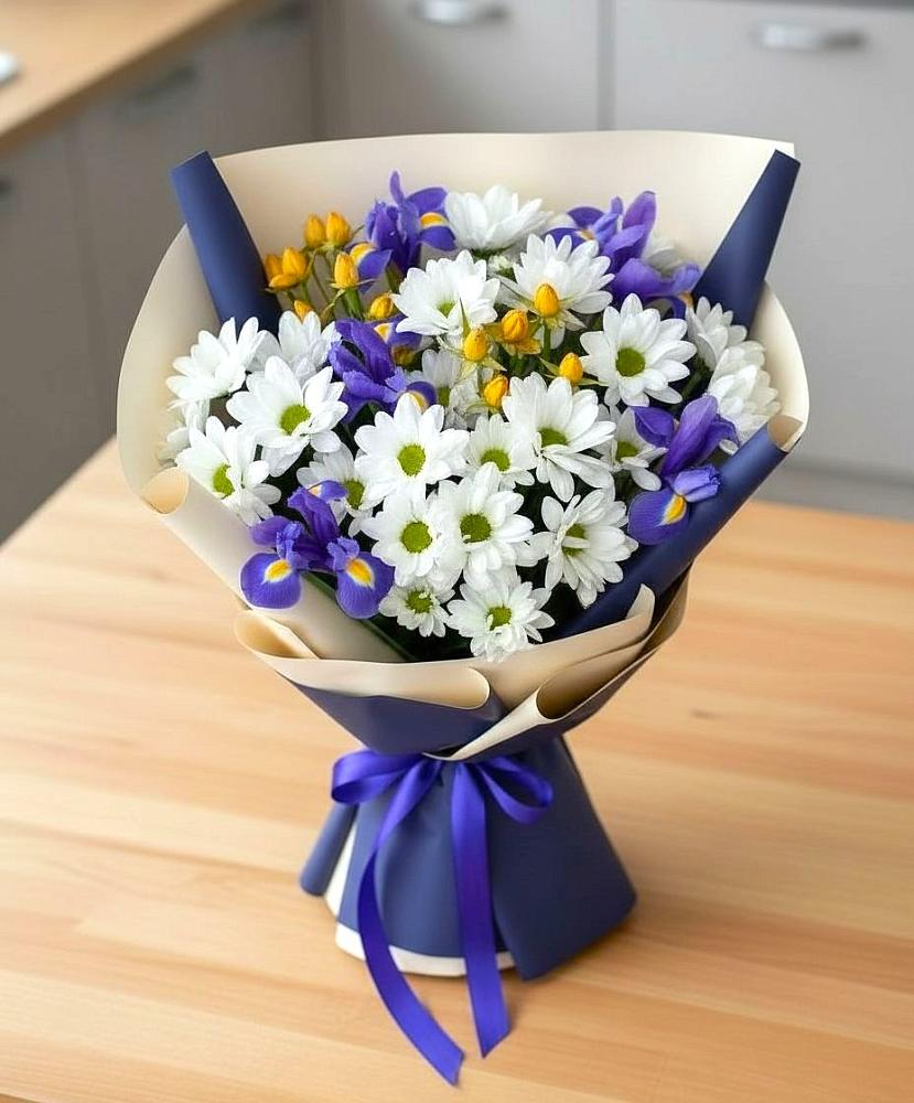 Букет цветов из: Розы, Ирисы и Хризантемы в Винсадах